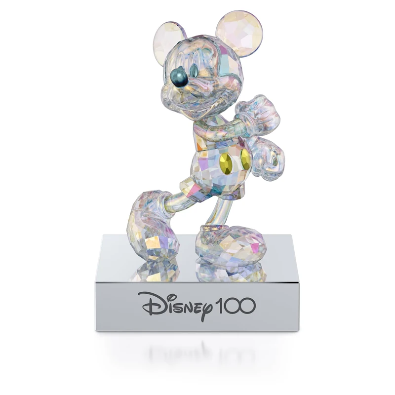 Swarovski Disney100 Mickey Mouse Figurine, Aurora Borealis Colour-Effect Crystal with Blue and Yellow Accents, Chrome Finished Metal and Black Velvet Base, from the Disney100 Collection