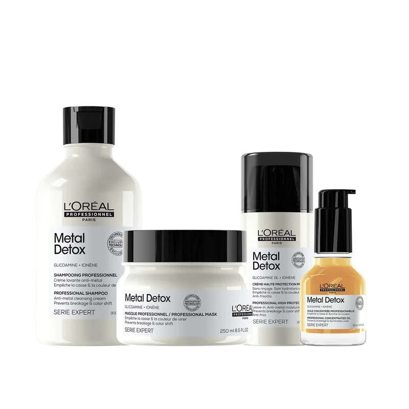 L’Oréal Professionnel Complete Routine for Damaged Hair, Serie Expert Metal Detox Shampoo, Mask, Oil with Leave-in Cream, 300 ml, 250 ml, 50 ml, 100ml Bundle Set