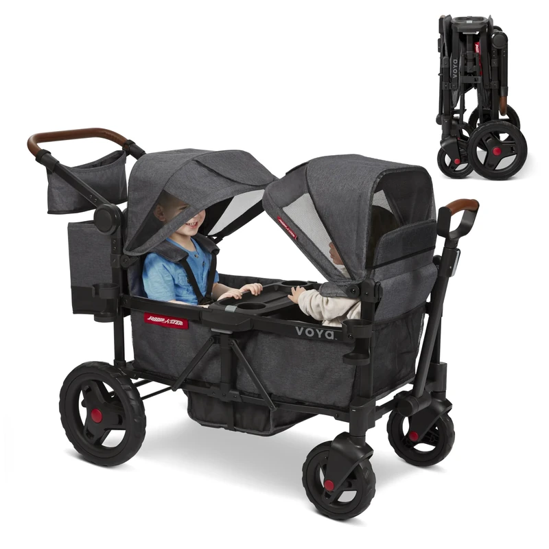 Radio Flyer Voya Stroller Wagon, 2 Seater Kids Stroller with Canopies, Double Stroller, Folding Wagon Trolley, Grey