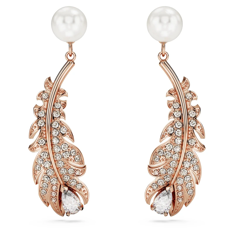 Swarovski Nice Feather Earrings, Pink and Pearl Crystals in a Rose Gold-Tone Setting, from the Nice Collection