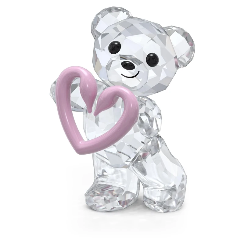 Swarovski Kris Bears Una Bear Crystal Figurine with White Crystals and Pink Heart Swan Motif, from the Swarovski Kris Bears Collection