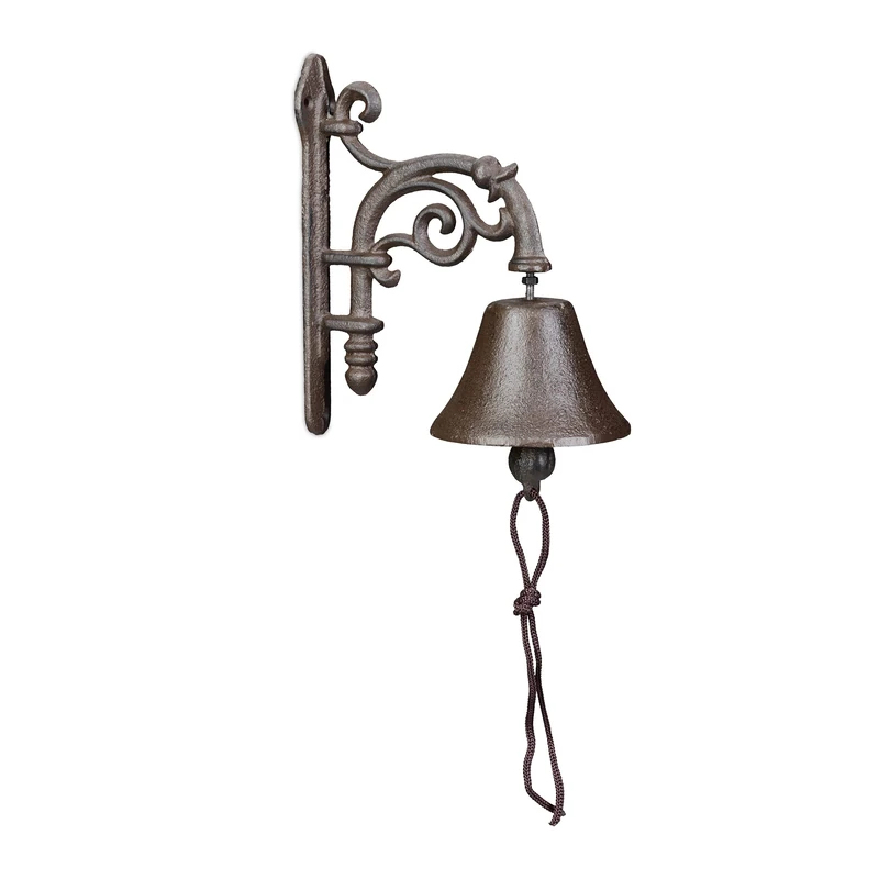 Relaxdays Cast Iron Door Bell, Antique Design, Hanging Doorbell, Vintage, for Outdoors, with Rope, Wall Mounted, Brown, 19 x 10 x 17 cm - Image 1