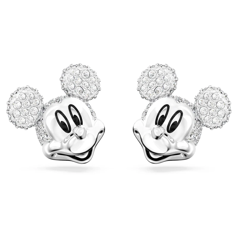 Swarovski Disney100 Pierced Stud Earrings, Mickey Mouse Motif with White Crystal Pavé, Rhodium Plated Setting, from the Disney100 Collection