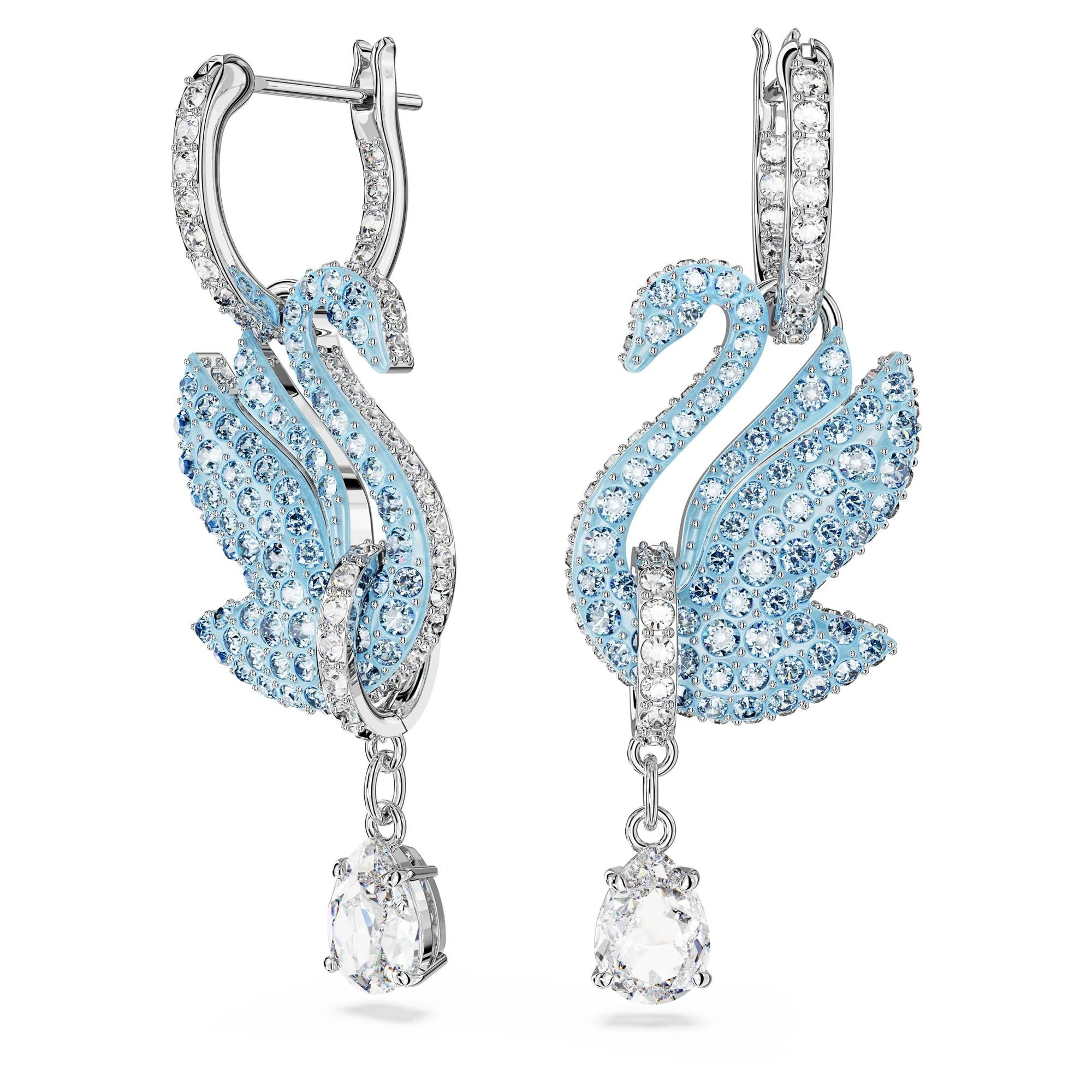 Swarovski Iconic Swan Drop Earrings, White and Blue Crystals in a Rhodium Plated setting, from the Iconic Collection