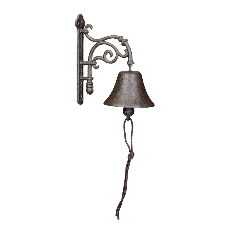 Relaxdays Cast Iron Door Bell, Antique Design, Hanging Doorbell, for Outdoors, with Rope, Vintage, Wall Mounted, Brown