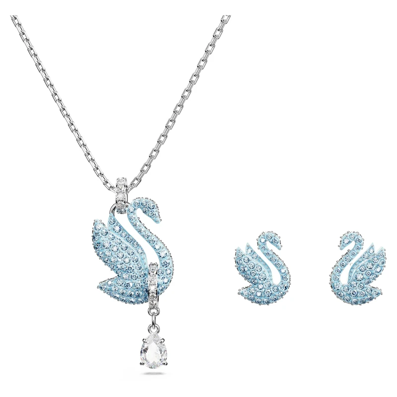 Swarovski Iconic Swan Stud Earrings and Necklace Set, White and Blue Crystals in a Rhodium Plated Setting, from the Iconic Collection