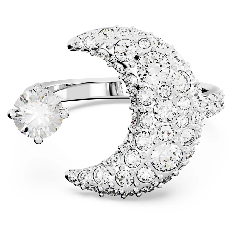 Swarovski Luna Open Ring with White Crystals and Moon Motif in a Rhodium Plated Setting, from the Swarovski Luna Collection, Size 60