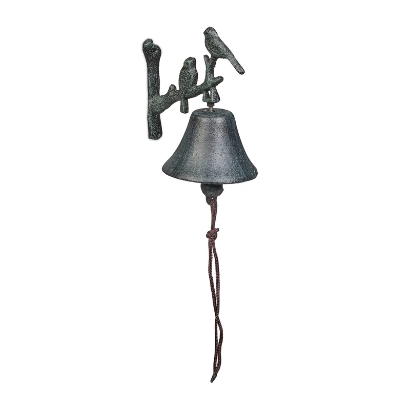 Relaxdays Cast Iron Door Bell, with Bird, Hanging Doorbell with Rope, 20 x 10 x 13 cm, for Outdoors, Wall Mount, Green