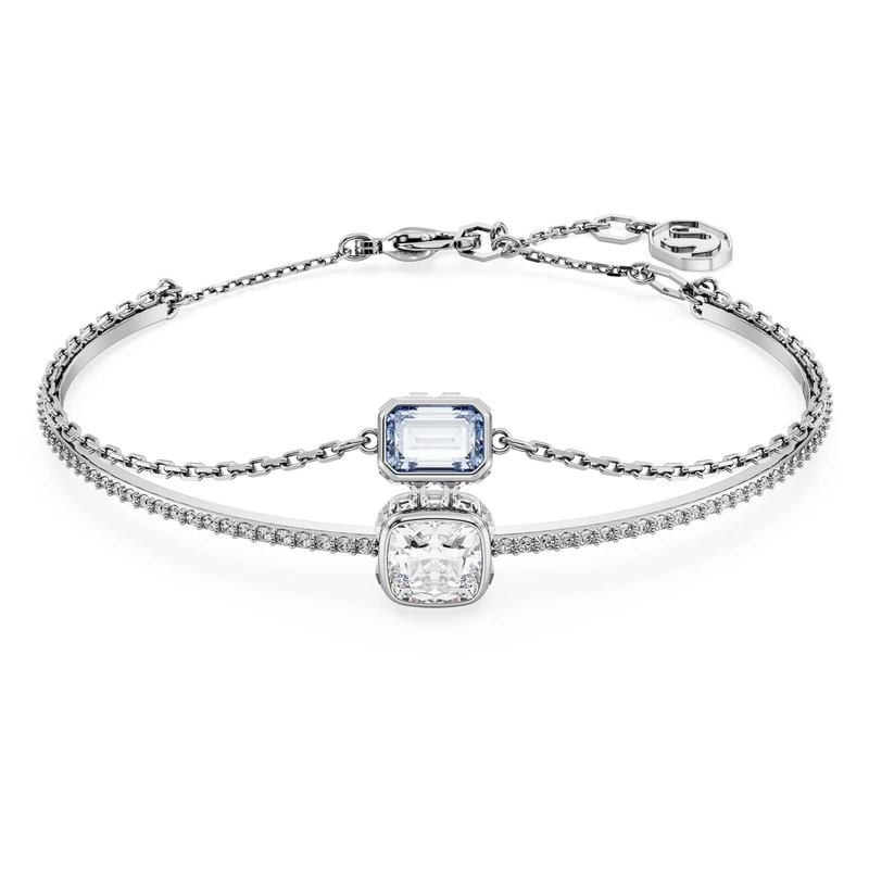 Swarovski Stilla Double Bangle Bracelet, Light Blue and White Crystals in Mixed Cuts, Rhodium Plated Band, from the Swarovski Stilla Collection