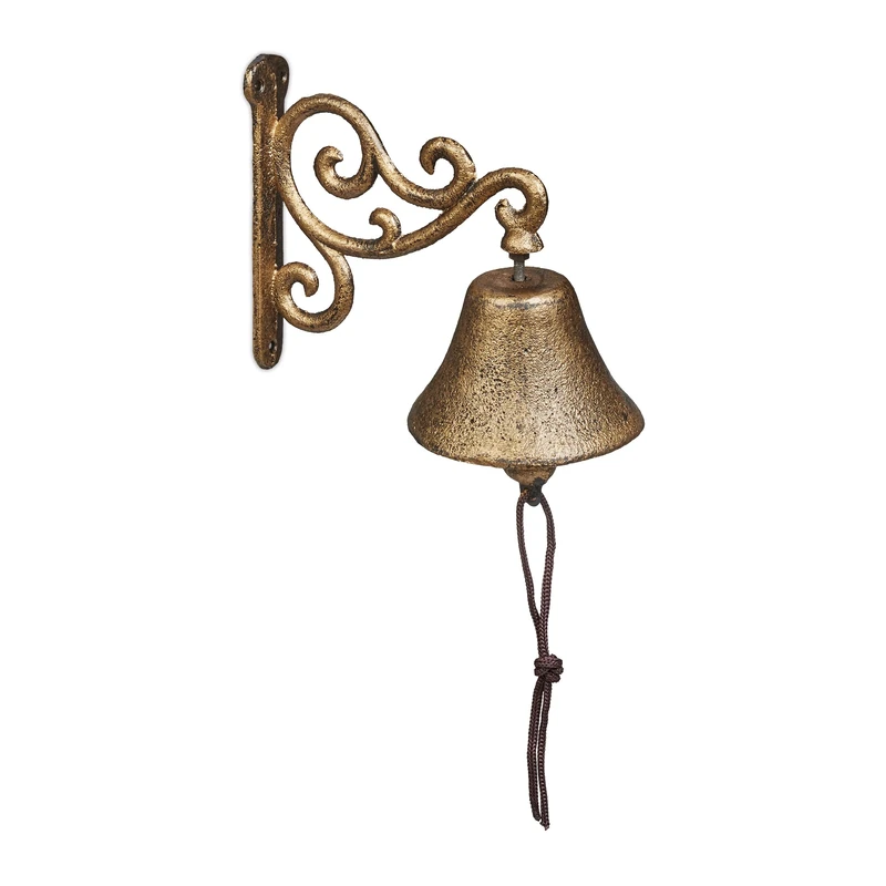 Relaxdays Cast Iron Door Bell, Antique Design, Hanging Doorbell, Vintage, for Outdoors, with Rope, Wall Mounted, Gold, 15.5 x 10 x 17.5 cm