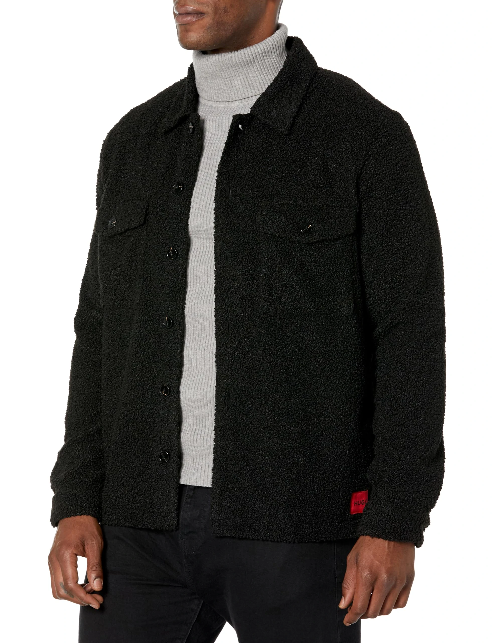 Hugo Men's Washed Twill Patch Pockets Button Down Overshirt Shirt, Stormy Black, XL