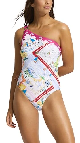 Seafolly Women's Shoulder One Piece Swimsuit, Wish You were Here Fuchsia Rose, 10