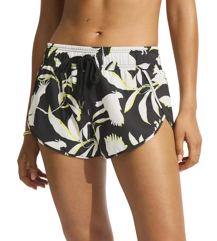 Seafolly Women's Printed Short Length Boardshort with Elastic Waist Swimwear Cover Up, Birds of Paradise Black, XS