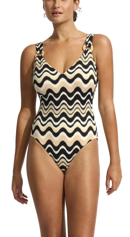 Seafolly Women's Dd V Neck One Piece Swimsuit, Neue Wave Black, 10