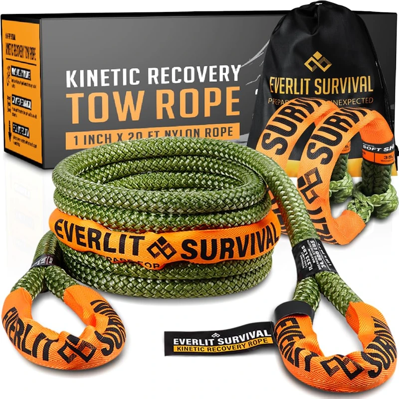 Everlit Survival Kinetic Recovery Rope 1" X 20 Ft with 2 Pack Soft Shackles Nylon Tow Rope with Breaking Strength 34,000 Lbs, Offroad Rope for Jeep UTV ATV Car Truck 30% More Stretch Than Strap…