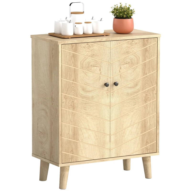 HOMCOM Sideboard Cabinet, Modern Vintage Kitchen Storage Cabinet with 2 Chevron Doors and Pine Wood Legs for Living Room, Kitchen, Hallway, Natural Wood Finish