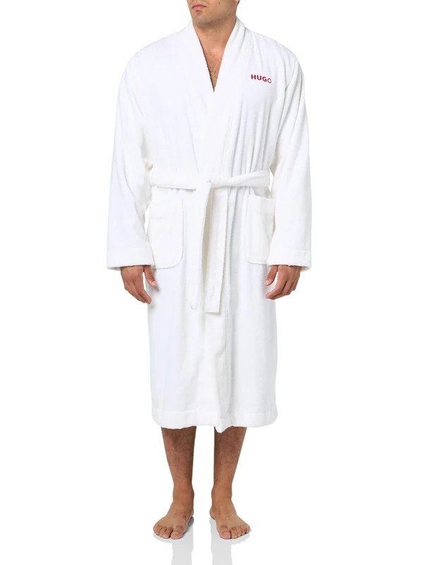 HUGO Mens Long Terry Robe With Embroidered Logo, Blank White, XL