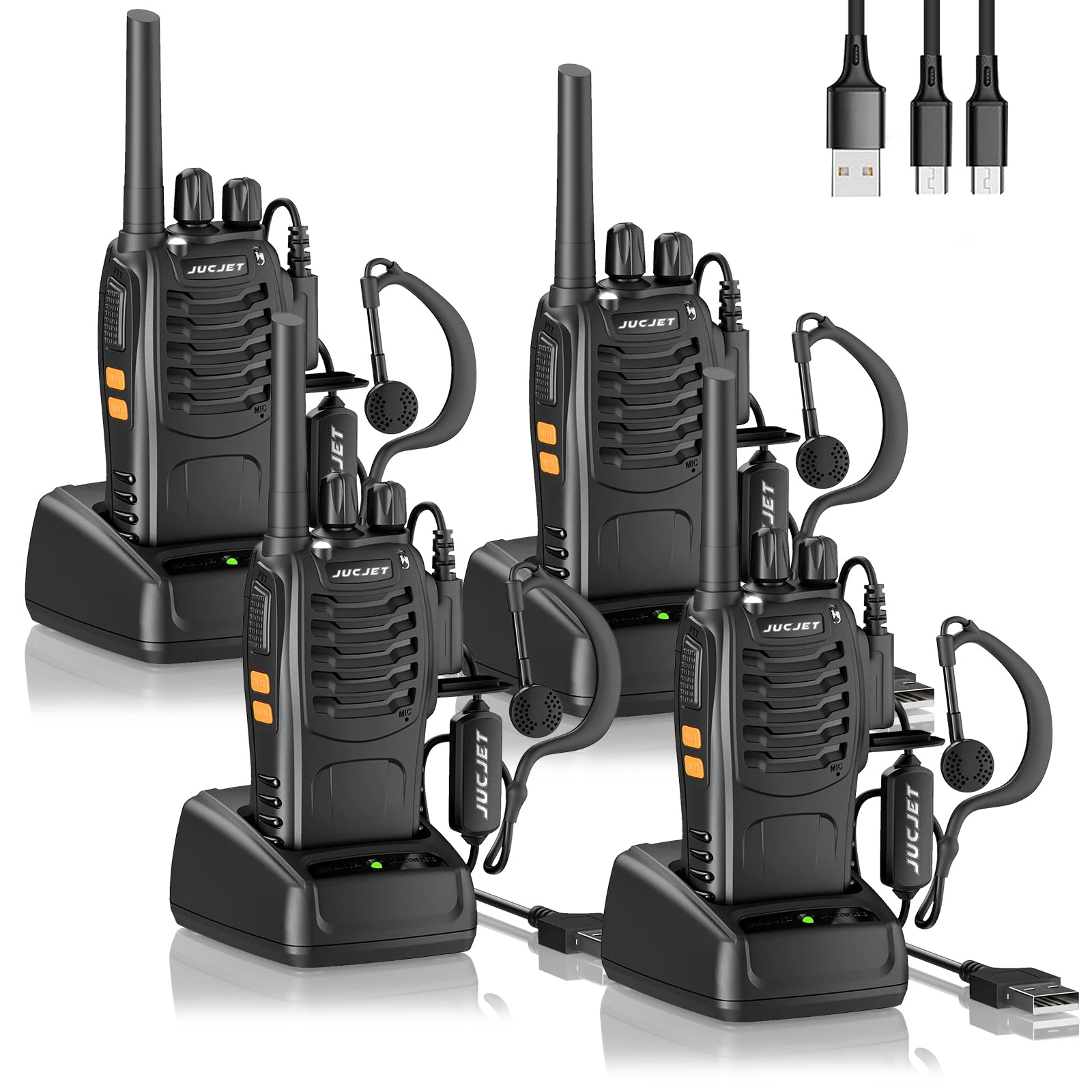 JUCJET Walkie Talkies 2023 Upgraded 88E Walkie Talkie Long Range for Adults with Earpieces, 16 Channel Handheld 2 Way Radio Rechargeable with Flashlight Li-ion Battery and Charger(4 Pack)