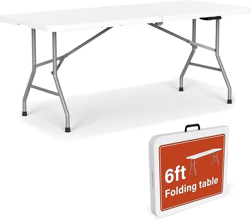 Vivo Technologies 6ft Trestle Indoor Outdoor Garden Catering Folding Table with Handle Plastic Picnic Garden Foldable Portable Plastic Table for Picnic Party Dinner Camping Hiking White