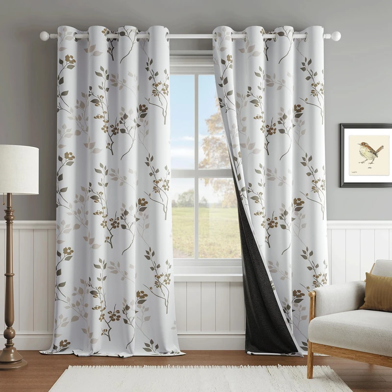 Beauoop Floral 100% Blackout Curtains for Bedroom Tan Brown 52X96 2 Panels