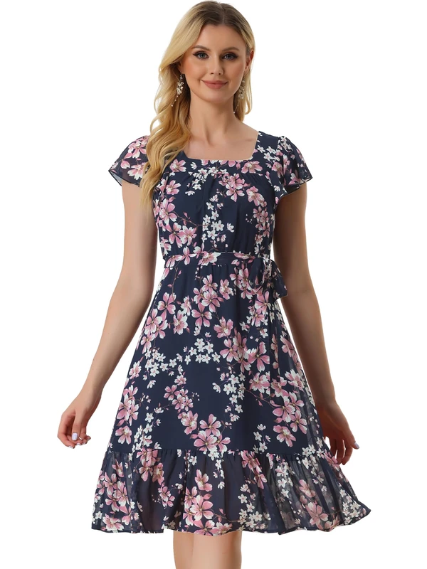 Allegra K Women's Floral Chiffon Flutter Sleeve Belted Square Neck Ruffled Hem Dress, Blue Pink, M (a23040300ux0045) - Image 1
