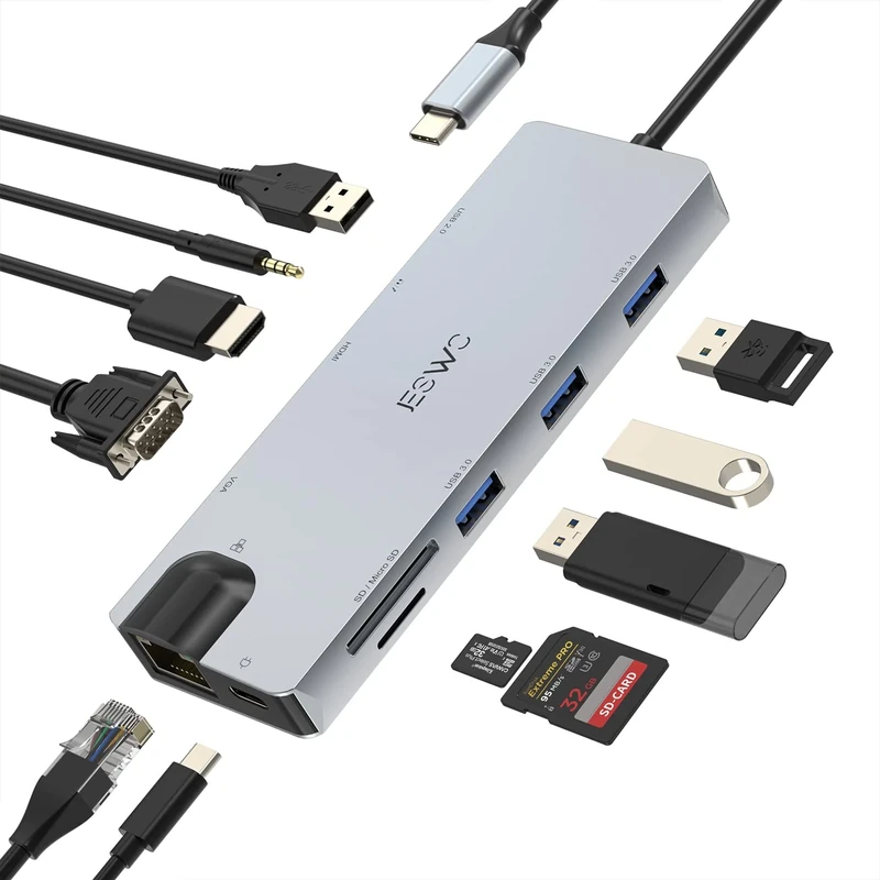 USB C HUB 11-in-1 Docking Station, Type C Multiport Adapter with RJ45 Ethernet, 4K HDMI, VGA, USB 3.0 Ports, 100W PD, SD/TF, 3.5mm AUX, Thunderbolt 3/4 Dock for MacBook Pro Air Laptops