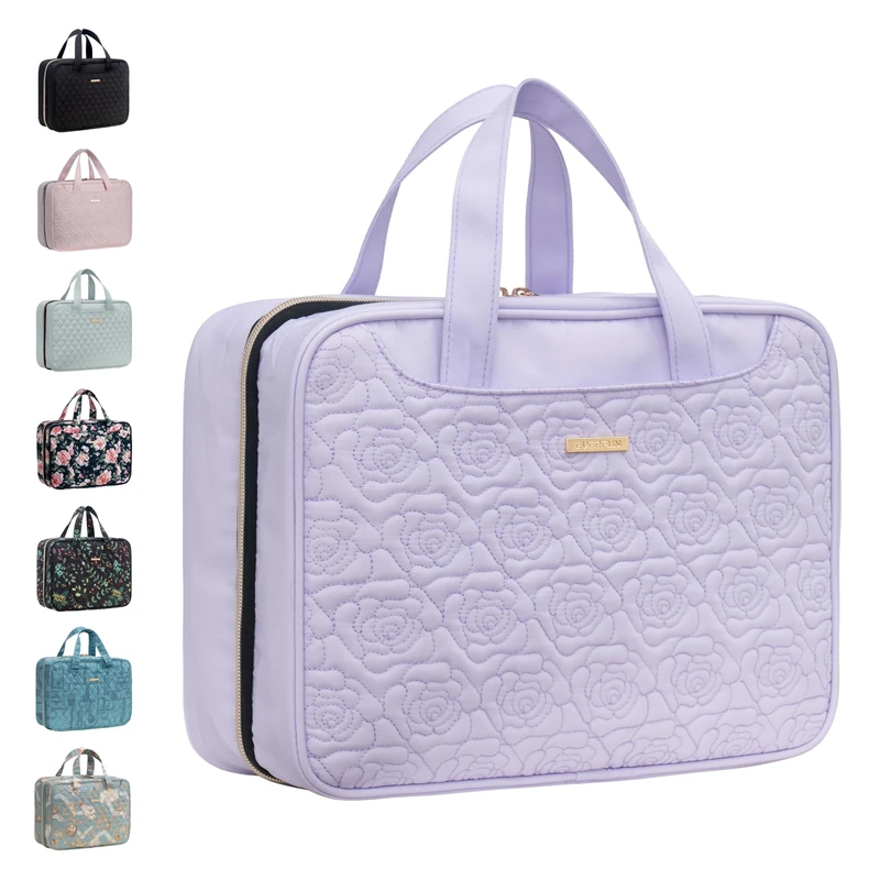 EVERFUN Hanging Travel Toiletry Bag for Women, Small Cosmetic Bag with 4 Compartments, Foldable Makeup Bag, Waterproof Toilet Bag, Fully Open, Hand Luggage Double Kit for Travel Accessories, Purple, L