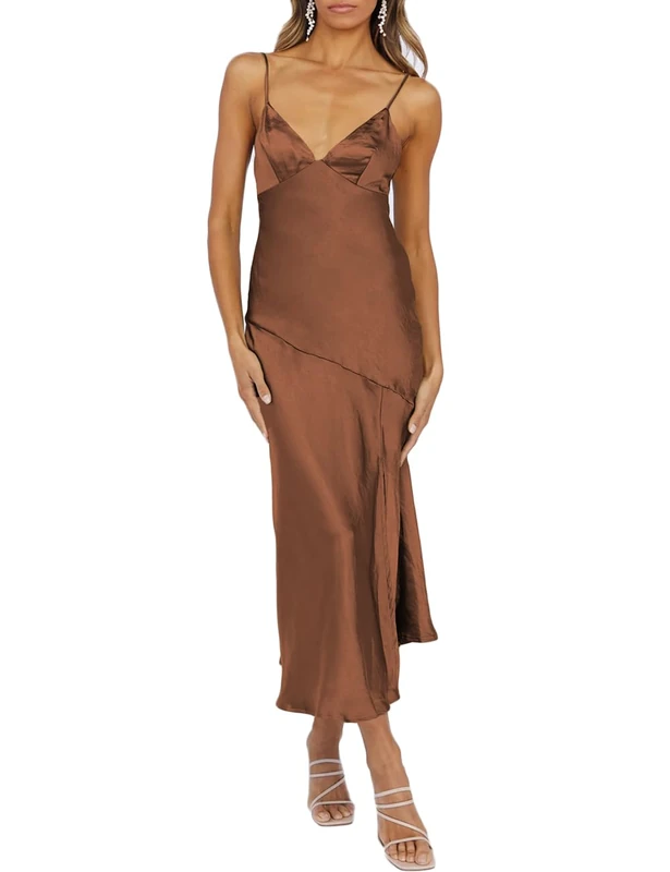 HKMECRI Summer Satin V Neck Silp Midi Dress for Women Wedding Guest 2023 Sexy Spaghetti Strap Backless Long Dresses with Slit, Brown, L - Image 1