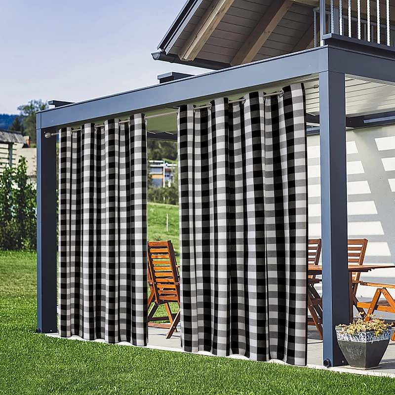LiveGo Outdoor Curtains, Waterproof, Blackout Curtain with Eyelets, Opaque Curtain for the Garden Arbour, Sliding Door, Privacy, Heat-Insulated (Black + White, 2 Pieces, 52 Inches W x 84 L)