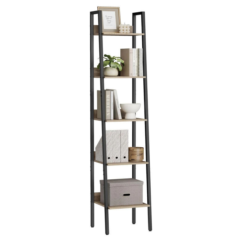 VASAGLE Ladder Shelf, 5-Tier Narrow Shelf, Bookshelf for Home Office, Living Room, Bedroom, Kitchen, Industrial, Camel Brown and Ink Black LLS109B50V2
