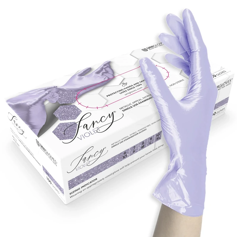 UNIGLOVES FANCY VIOLET Nitrile Disposable Gloves, Multipurpose, Powder Free and Latex Free Disposable Gloves, Box of 100 Gloves, Violet, Size L