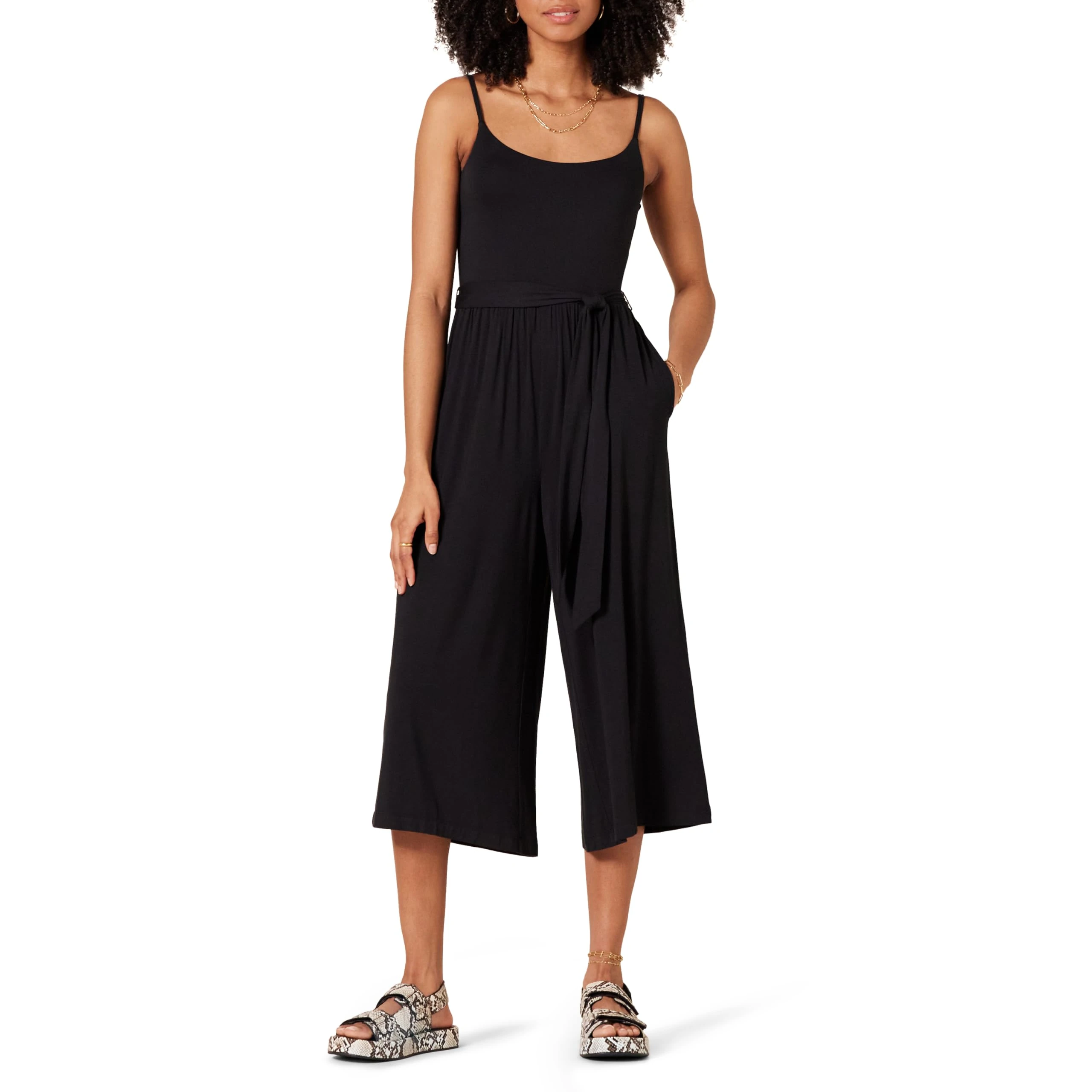 Amazon Essentials Women's Jersey Cami Cropped Wide Leg Jumpsuit, Black, XL