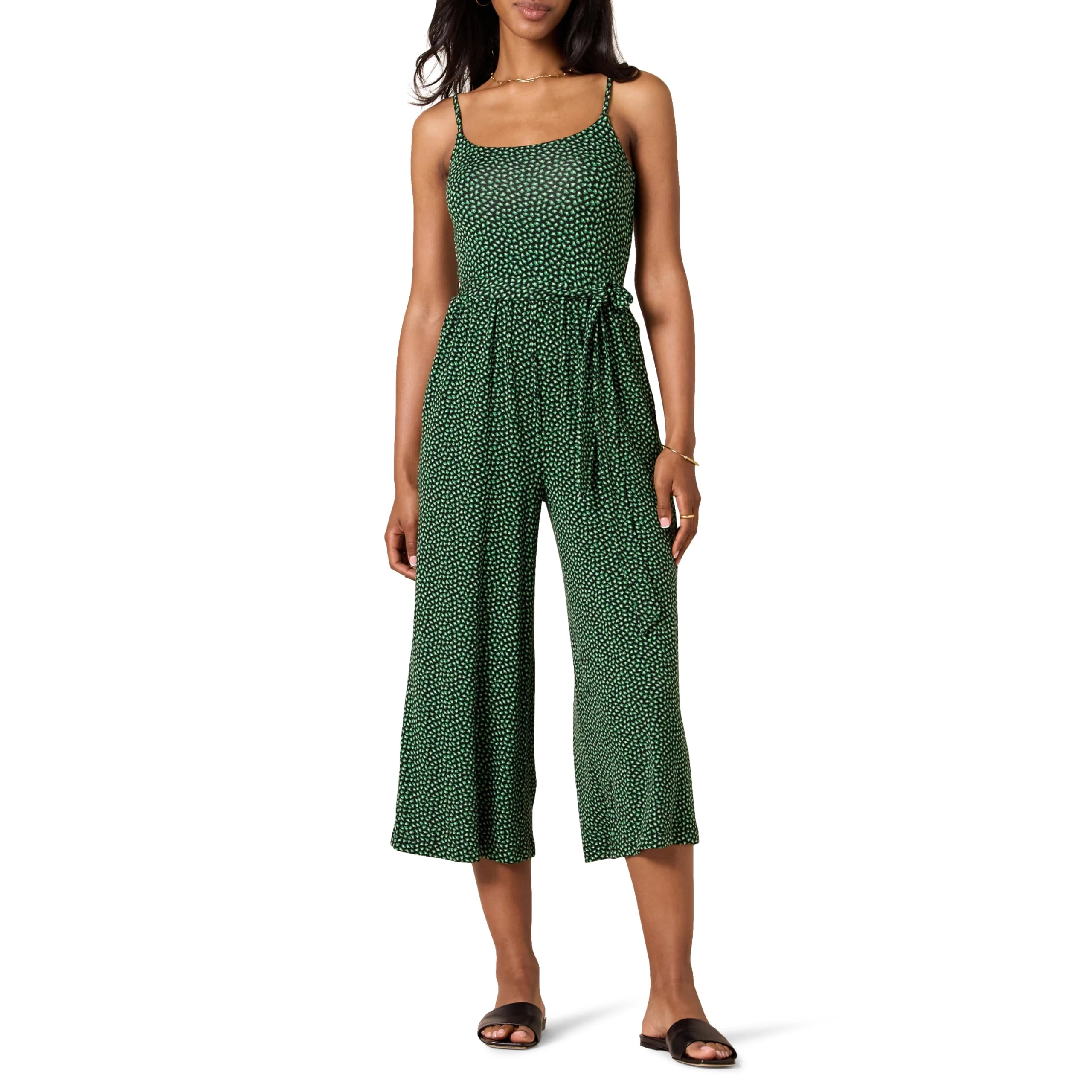 Amazon Essentials Women's Jersey Cami Cropped Wide Leg Jumpsuit, Green Floral, XL