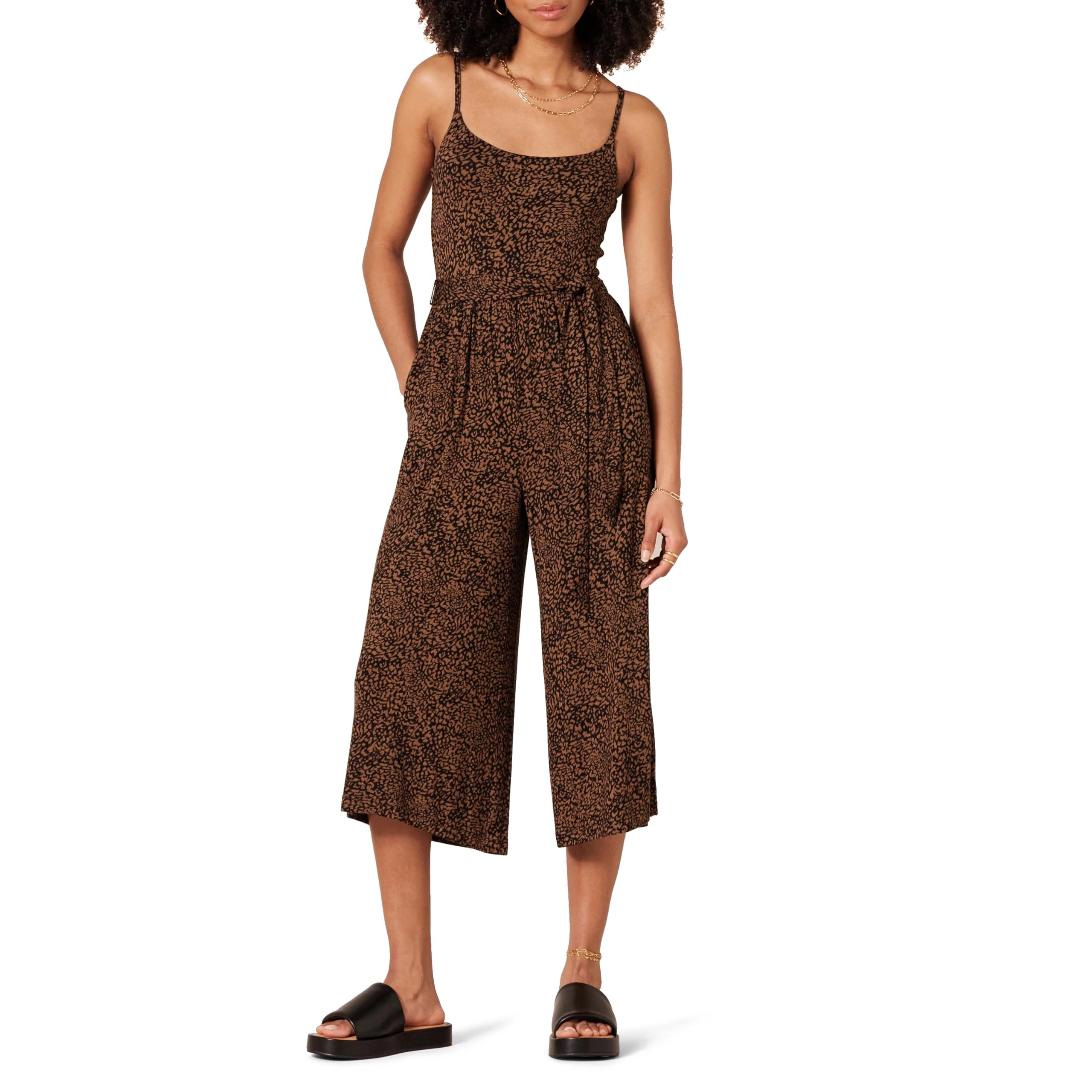Amazon Essentials Women's Jersey Cami Cropped Wide Leg Jumpsuit, Dark Toffee Brown Animal Print, XL