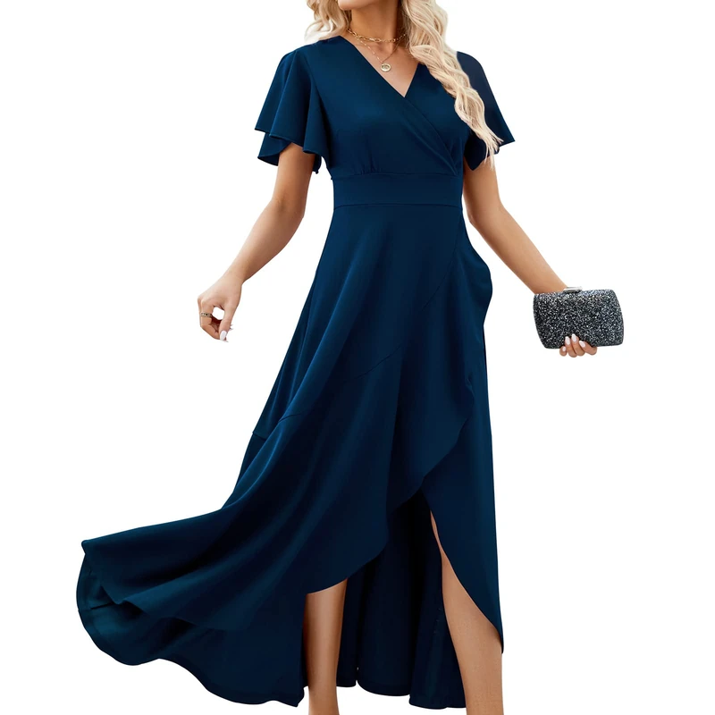 Long Black Formal Dresses for Women Gowns Evening Party Cocktail Dress,Split Elegant V Neck Wrap Ruffle Wedding Guest Dresses, Navyblue, 3XL