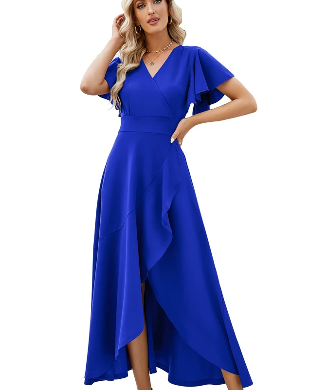 Long Black Formal Dresses for Women Gowns Evening Party Cocktail Dress,Split Elegant V Neck Wrap Ruffle Wedding Guest Dresses, Blue, 3XL