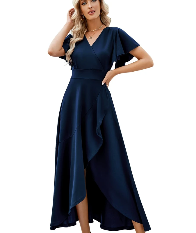 Long Black Formal Dresses for Women Gowns Evening Party Cocktail Dress,Split Elegant V Neck Wrap Ruffle Wedding Guest Dresses, Navyblue, XL