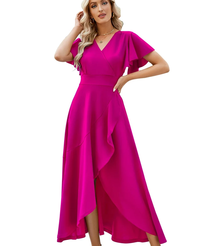 Long Black Formal Dresses for Women Gowns Evening Party Cocktail Dress,Split Elegant V Neck Wrap Ruffle Wedding Guest Dresses, Magenta, L