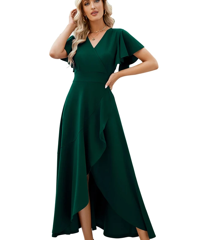 Long Black Formal Dresses for Women Gowns Evening Party Cocktail Dress,Split Elegant V Neck Wrap Ruffle Wedding Guest Dresses, Dark Green, L