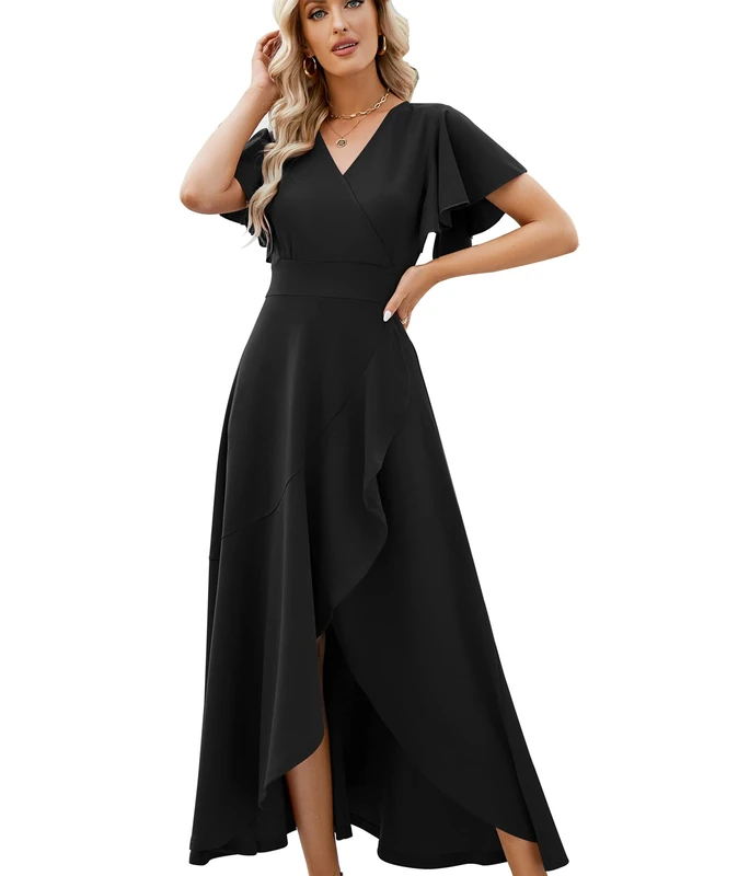Long Black Formal Dresses for Women Gowns Evening Party Cocktail Dress,Split Elegant V Neck Wrap Ruffle Wedding Guest Dresses, Black, 3XL