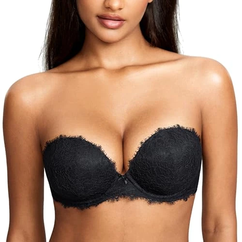 DOBREVA Women's Strapless Push Up Bra Lace Underwire Padded Plunge Silicone Bandeau Bra