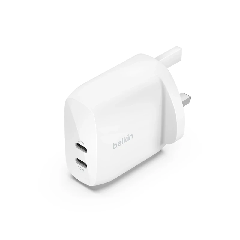 Belkin BoostCharge dual USB-C plug with PPS, 60W phone charger for iPhone 17/16 iPad, Samsung Galaxy, Google Pixel, MacBook - compatible w/ USB-C to lightning cable & USB-C to USB-C - white