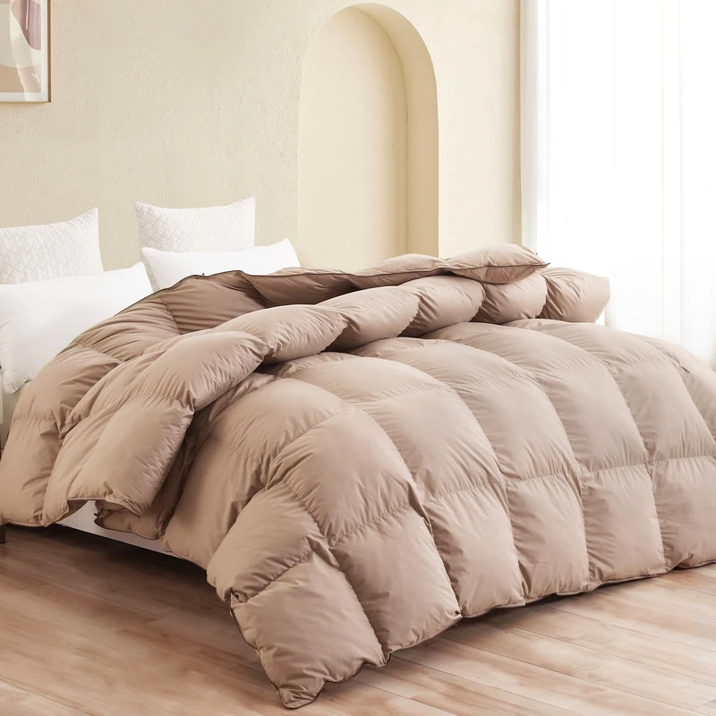 SNOWMAN Premium Down Comforter Cal King Size, Luxurious All Season Duvet Insert with Cotton Blended Fabric, 3D Baffle Box Design Hotel Bedding Comforter (Khaki,108"x98")