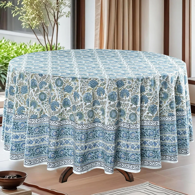 Ridhi Round Tablecloth Hand Block Print 100% Cotton Reusable Asparagus Green 132 Inch Table Cover Decorative Everyday Use for Dining, Home, Party, Wedding, Farmhouse Gift for Spring, Mother's Day