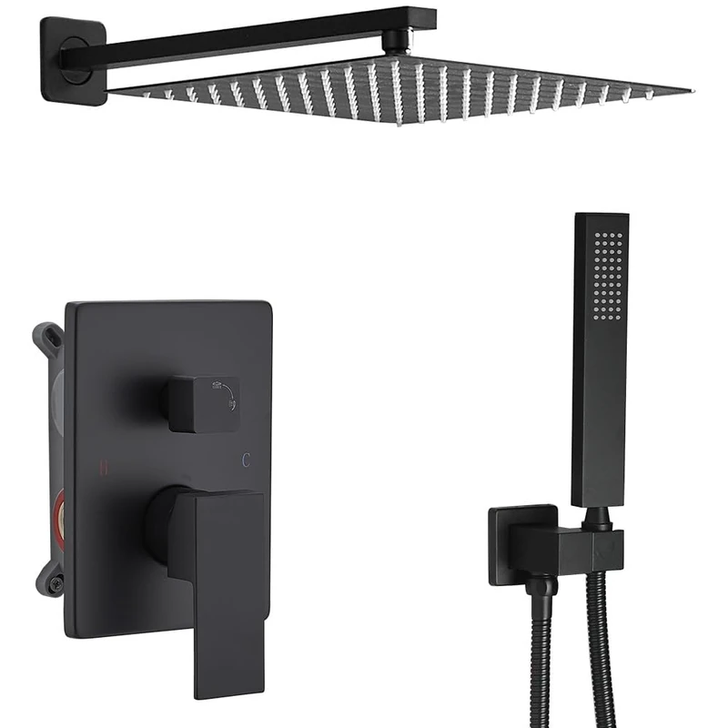 annazom Rain Shower System Matte Black Shower Faucet Set with High Pressure 12" Shower Head Hand Shower Square Shower Head Bathroom Luxury Rain Mixer Shower Complete Set Wall Mounted