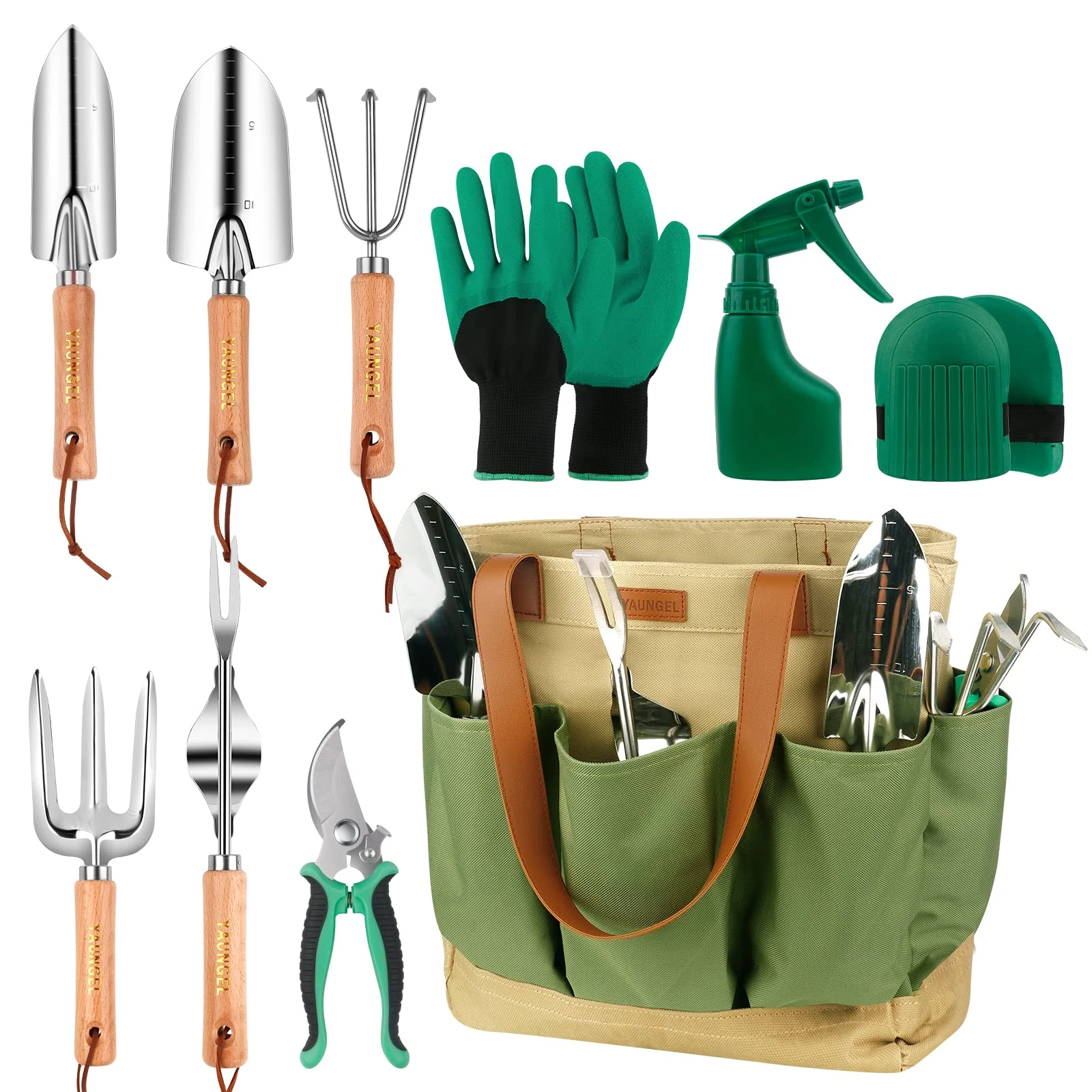 YAUNGEL Gardening Tools Set, Garden Tool Kit with Outdoor Hand Tools, Grass Shears, Garden Gloves, Storage Tote Bag, Garden Tools Set Gifts for Women and Men