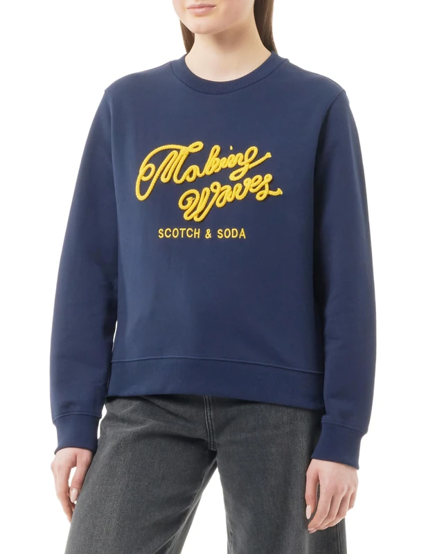 Scotch & Soda Women's Chest Artwork Fitted Sweatshirt, Navy Blue 6865, L
