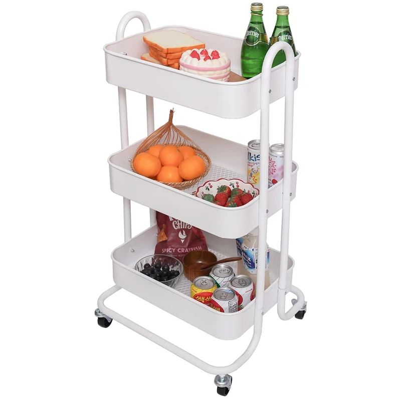 BAKAJI Metal Kitchen Trolley, 3 Shelves, Slim Industrial Style, 4 Rotating Wheels, Ideal for Kitchen, Bathroom, Living Room, Space Saving Design, Multipurpose, 46 x 40 x 84 cm (White)