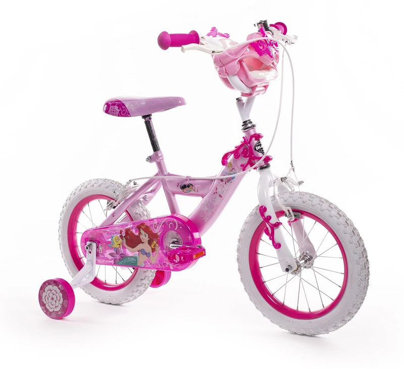 Huffy Disney Princess 14" Girls Bike with Front Doll Carrier, Removable Stabilisers, Bell, Front and Rear Mudguards, Enclosed Chain, Girls’ Bicycle Ideal for Ages 4-6 Years - Metallic light Pink