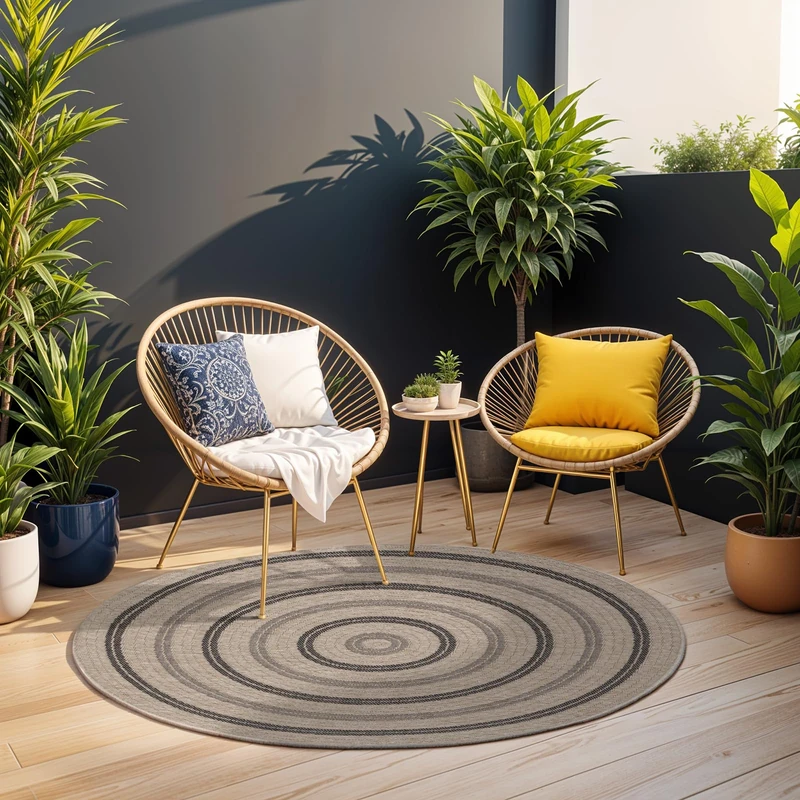 Livabliss Rhonda Outdoor Rug - Boho Runner Rugs for Living Room 100x100 cm Round, Patterned Neutral & Coloured, Waterproof, Stain Resistant, Durable - Beige, Black, Grey - Image 1